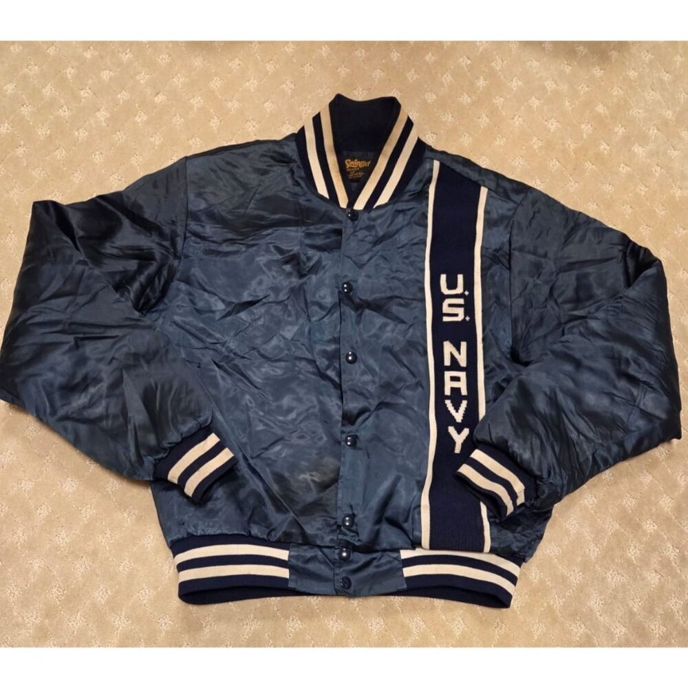 Swingster Satin Jacket Mens M US Navy Blue Bomber Vintage Made in USA Varsity